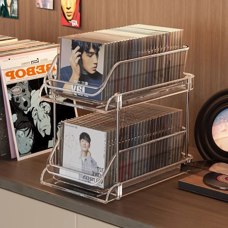 2 Tiers CD Rack Vinyl Records Cassettes Disc Storage with Sliding Drawers CD Shelf Tabletop Vinyl Display Storage Box New