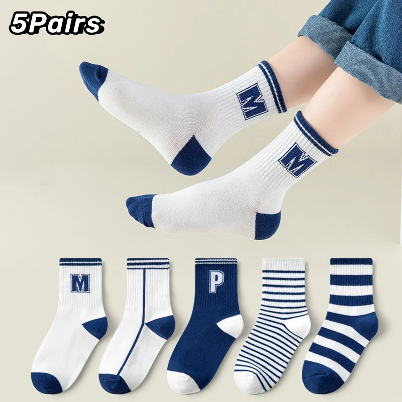 

5Pairs/Set Kids Boy Girl Sport Socks Cotton Striped Toddler Middle Tube Sock for Spring Autumn