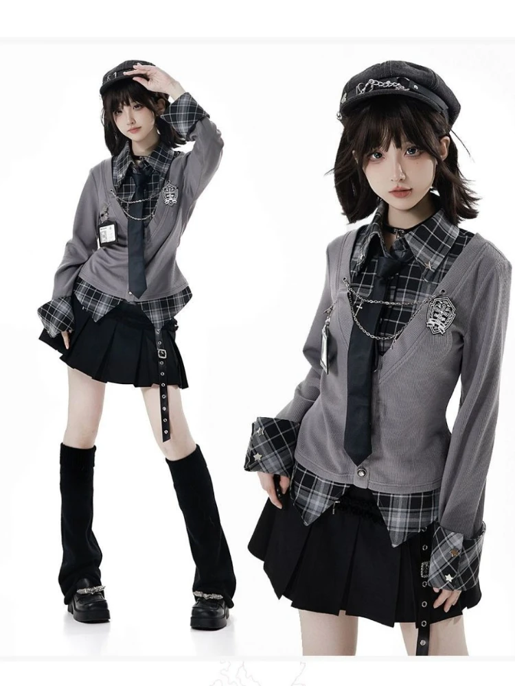 

Японский комплект Y2K: клетчатая футболка с длинным рукавом и мини-юбка, черный, повседневный, с пуговицами, пэчворк, весна-лето