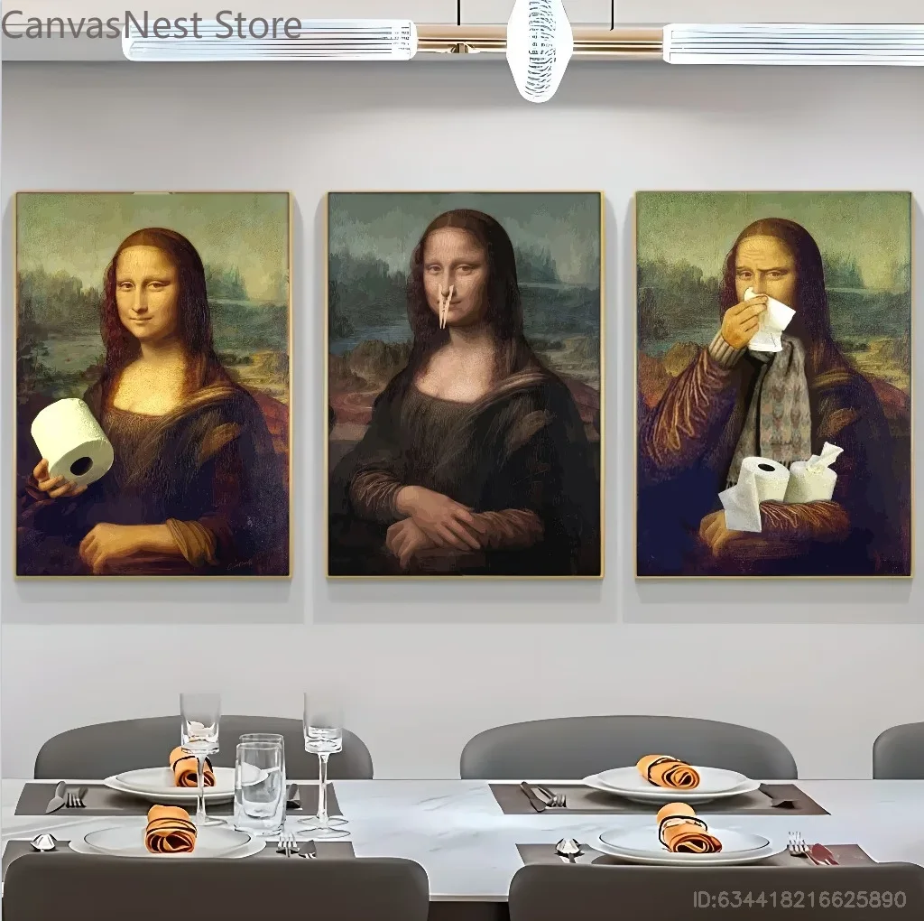 Funny Mona Lisa Bathroom Canvas Wall Art Set, Humor Classic Painting Toilet Paper Gallery Prints