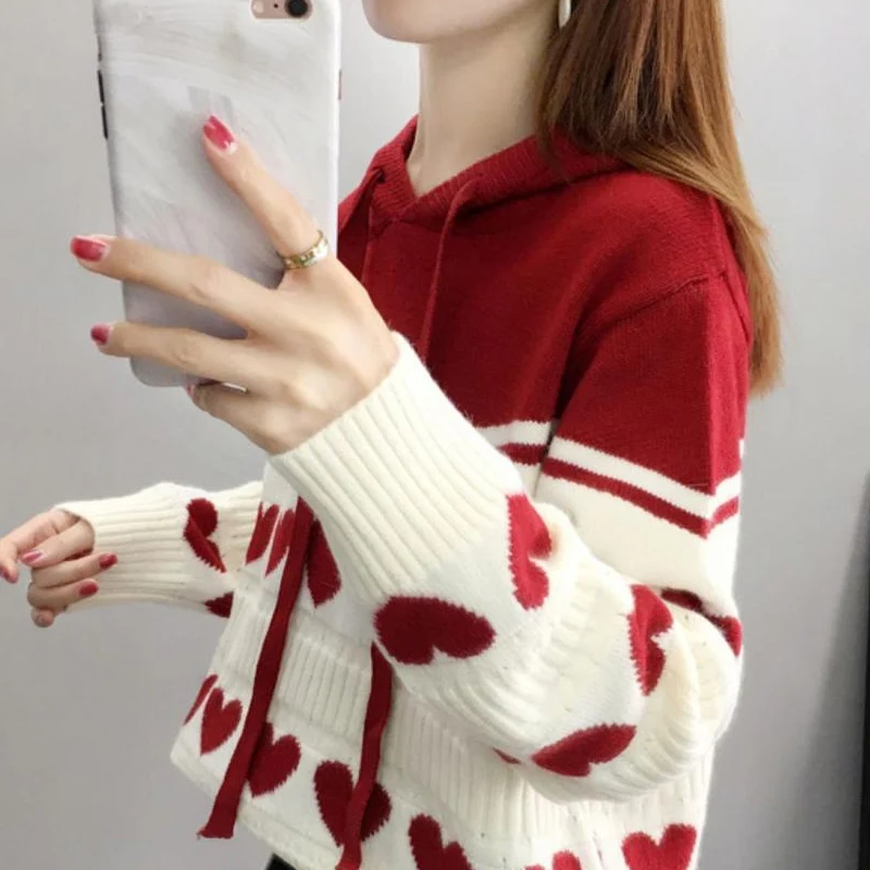 Autumn Winter New Printing Fashion Long Sleeve Sweater Women High Street Casual Hooded Drawstring Elegant All-match Pullovers