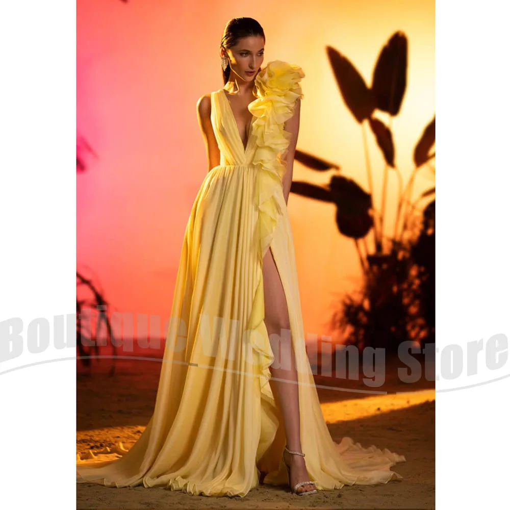 فساتين لحضور الحفلات الموسيقية للنساء موضة عميق على شكل حرف v الكشكشة رداء حفلات فتحة جانبية عالية شيفون على شكل حرف a طول الأرض فساتين سهرة رسمية