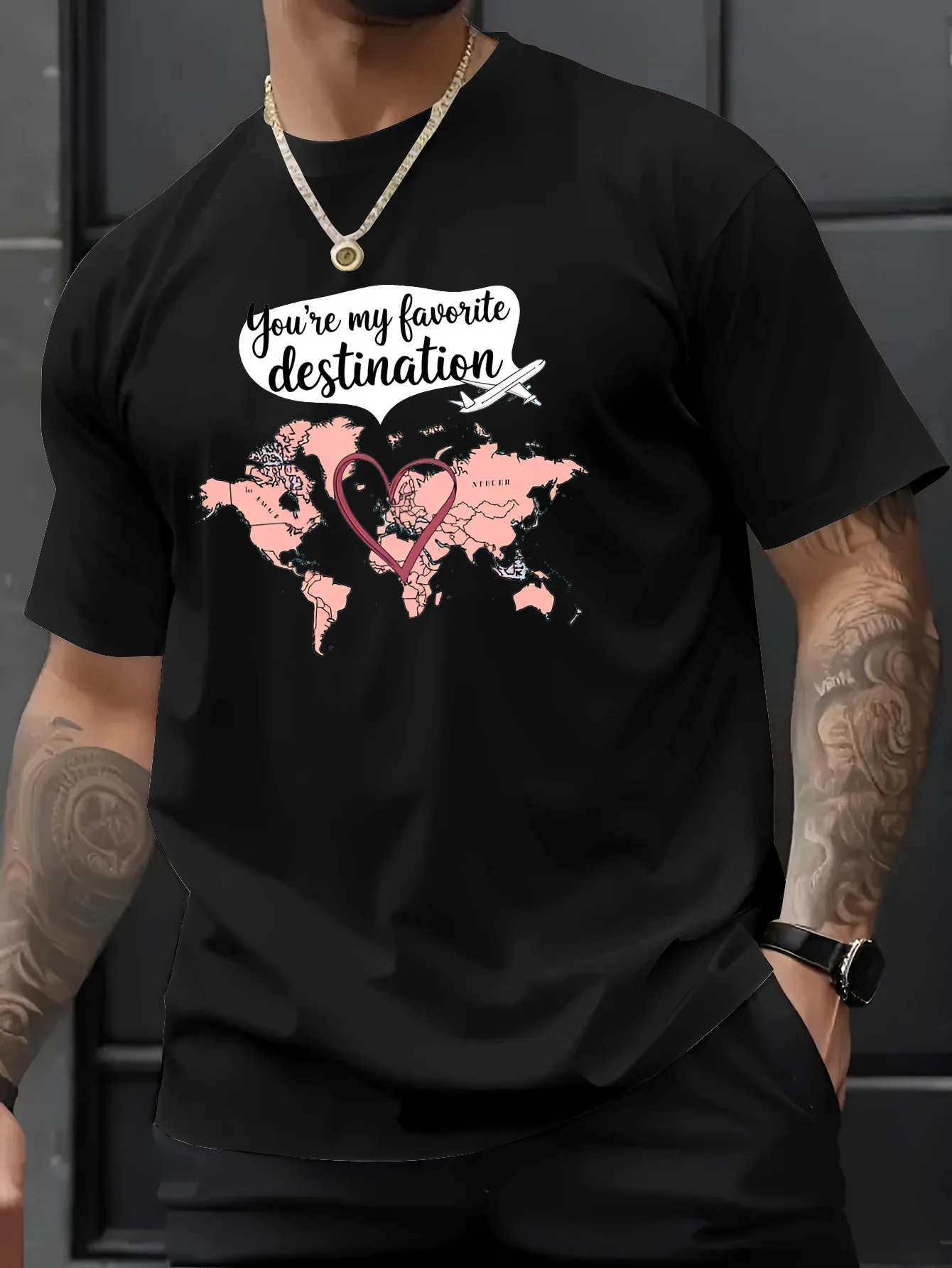 

Cotton Men's Casual Round Neck Short Sleeve T-Shirt with Heart Shaped Map Print Lightweight Ribbed Knit Fabric Regular Fit