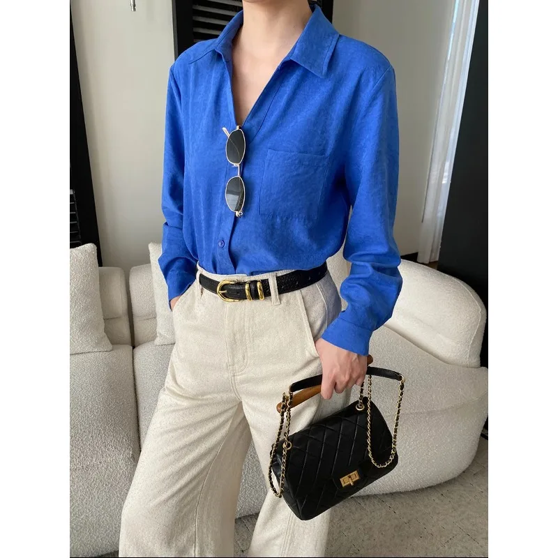

Casual Style Polo V-neck Satin Shirt Solid Blue Turn Down Collar Shirt With Pocket Casual Long Sleeve Blouse For Women Q335