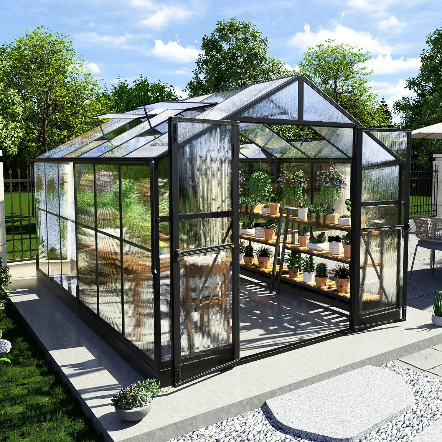 Amerlife 8X12X7Ft Polycarbonate Greenhouse, Walk In Greenhouse With Quick-Connect System, Green House With 4 Vent Windows And