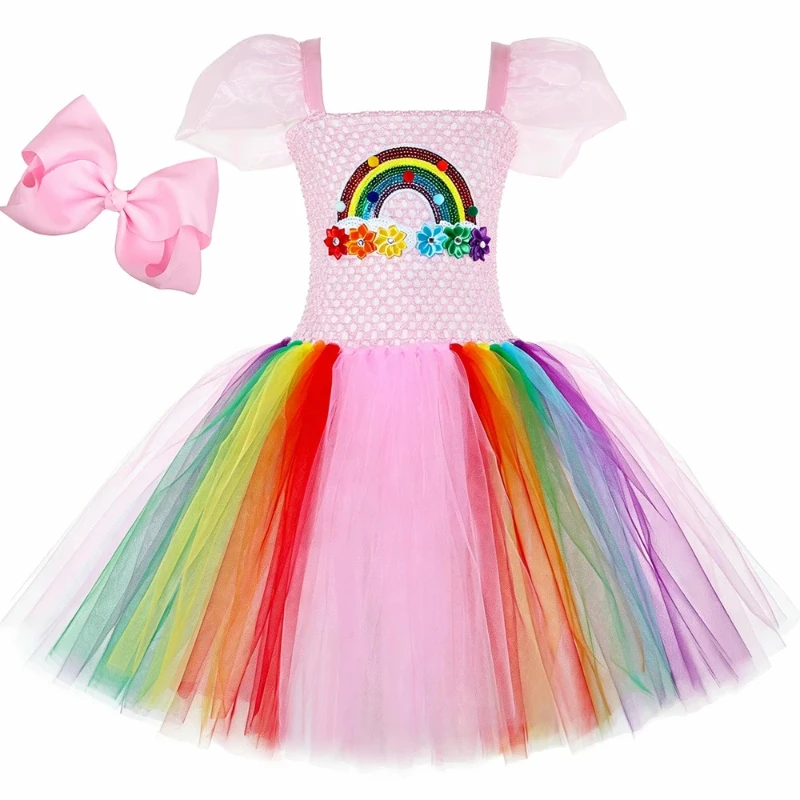 Iridescent Rainbow Star Printed Layered Tulle Outfit Airy Tiered Skirt for Birthday Banquet Christmas Carnival Holiday Costume