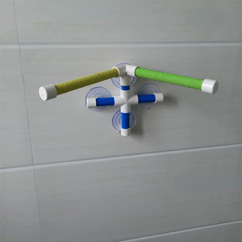 Ventosas con plataforma de pie para mascotas, Soporte de doble palo para rechinar patas, perchas interesantes para ducha de baño, pájaros y loros