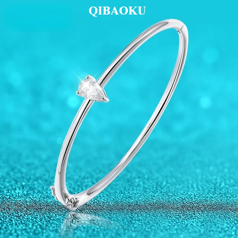 QIBAOKU 1CT Pear Cut Moissanite Bangles for Women 100% S925 Solid Silver Lab Diamond Bracelets Birthday Gift Jewelry 2026