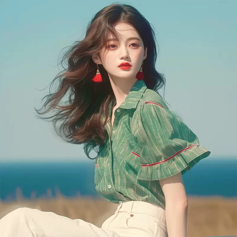 

Vintage Women's Blouses Korean Stripes Shirts Fashion Loose Spring/summer Ruffles Clothing Green Short Sleeves Women Tops