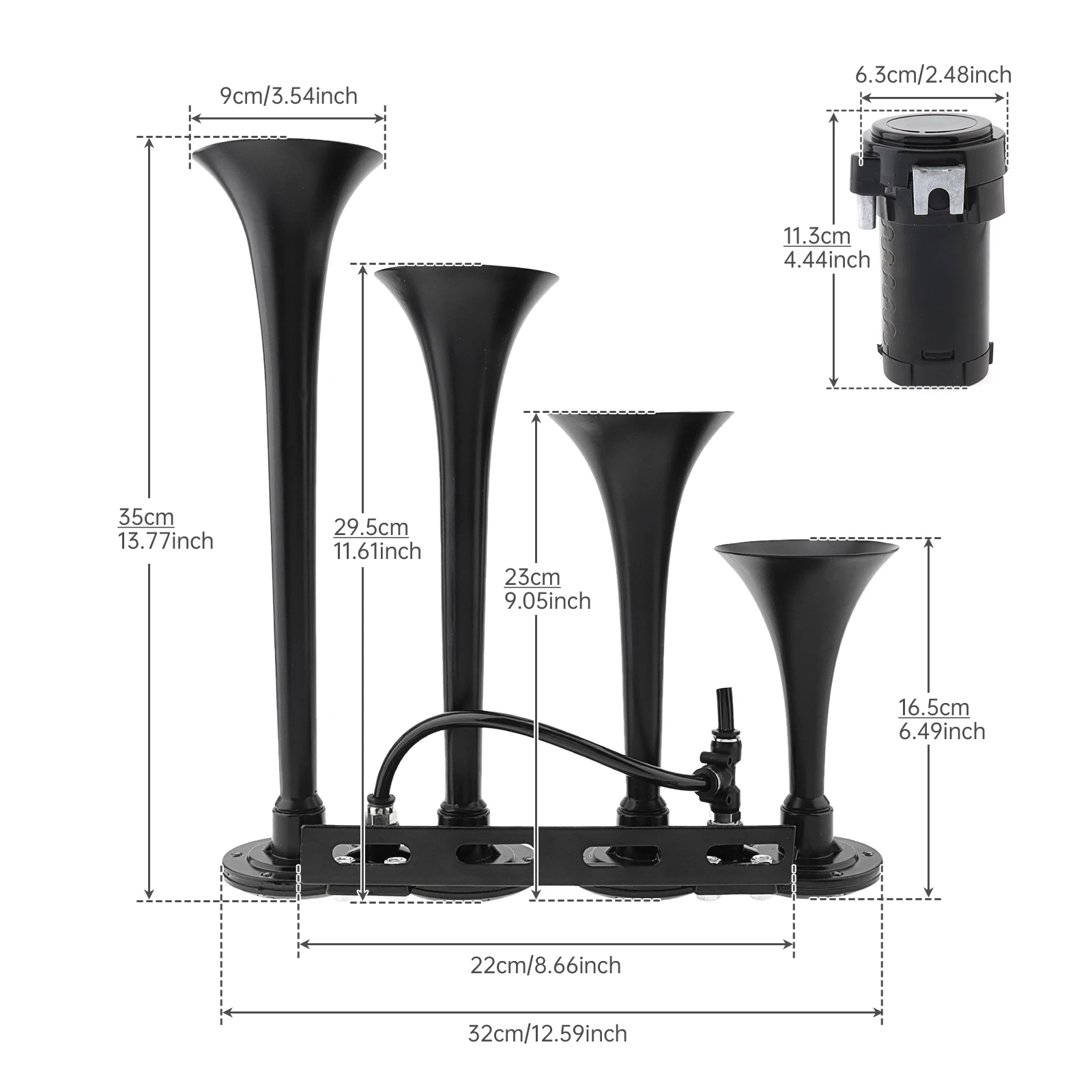 12V 185db Super Loud Four Trumpet Air Horn Fit for Cars / Boats / Motorcycles / Trucks with Compressor and Switch Button