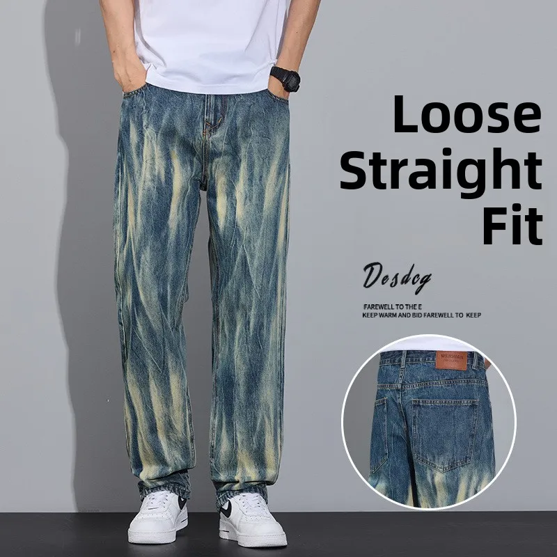 

American High Street Loose Men's Jeans Straight Leg Spring Summer Wide Leg Pants Retro Blue Long Trousers Design Cotton Youth
