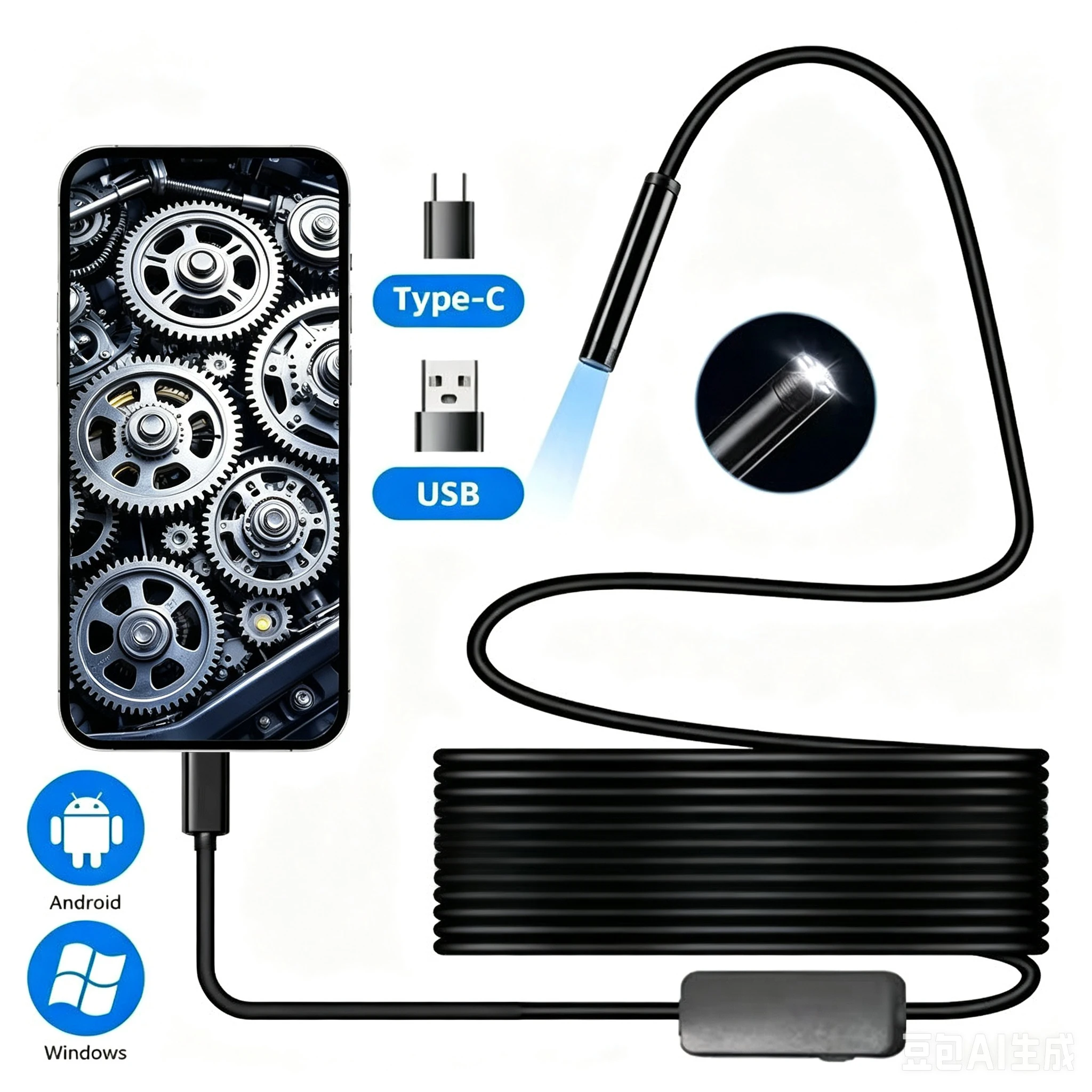 Endoscopio USB para teléfono Android OTG, cámara de inspección boroscópica de 7,0mm con 6 luces LED para tipo C, 1m, 2m, 3m, 5m