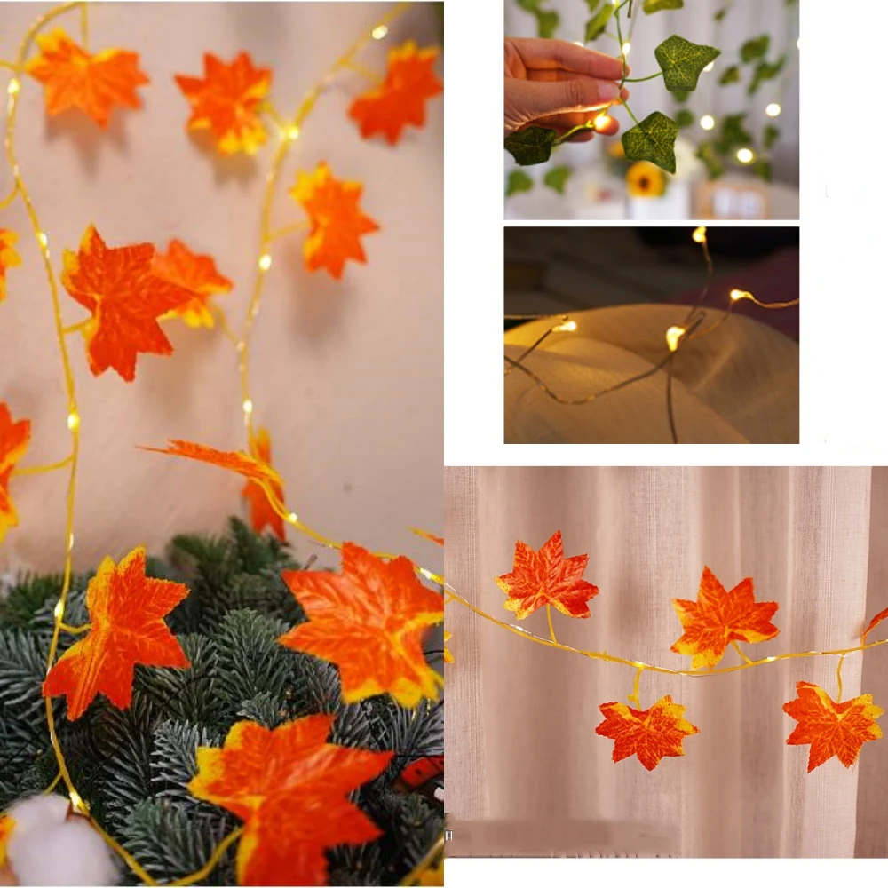Lampki Fairy Lights 2/5/10M zasilane przez USB/baterie, girlanda z liści klonu, lampki LED, 20/50/100 LED, dekoracje świąteczne, oświetlenie świąteczne