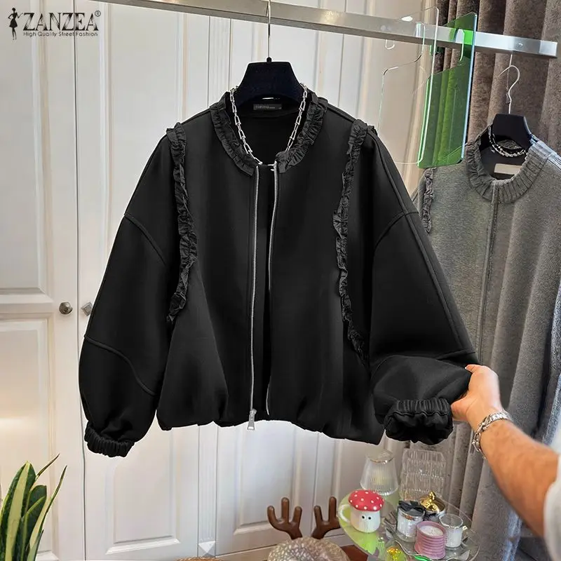 ZANZEA Lässige, lockere Sweatshirts mit Laternenärmeln, Damenmode, Rüschenbesatz, O-Ausschnitt, Reißverschluss, Kapuzenpullover, einfarbig, Damenkleidung, 3XL