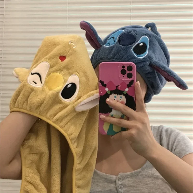 Disney Stitch Cute Coral Velvet Soft Absorbent Dry Hair Hat for Women Lilo & Stitch Fashion Cartoon Bag Headband for Home Use