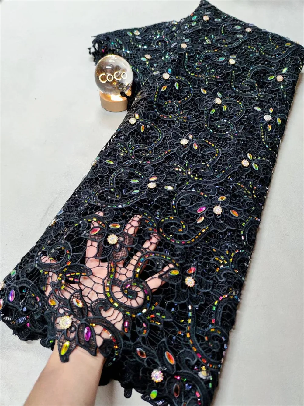 

Latest 2025 African Nigerian High-Quality Embroidery Stone Tulle Lace Fabric Guipure Black for Prom Dresses Cotton 5 Yard Hm41-1