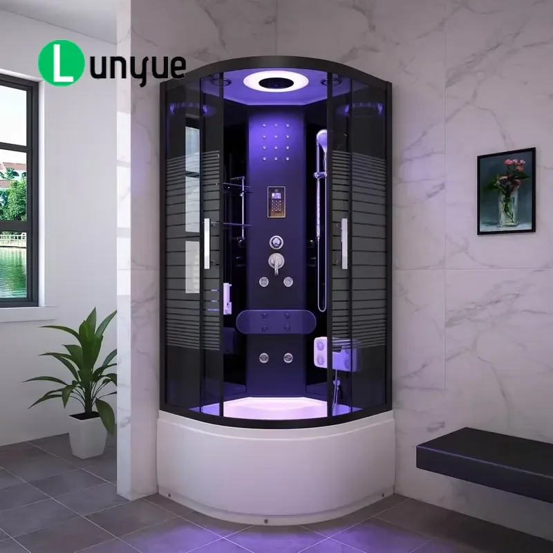 Black Steam Shower Room with Bathtub Fan Massage Separate Bath Space Modern Bathroom Enclosure Relaxation Hydrotherapy