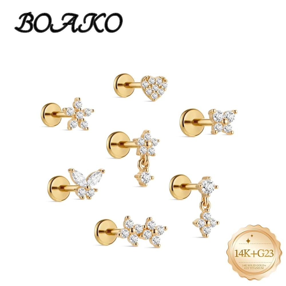 BOAKO 1PC 14K Solid Gold Hypoallergenic Piercing Earring Heart Butterfly Flower Flat Top Jewelry Women Daily Dating Wedding Gift