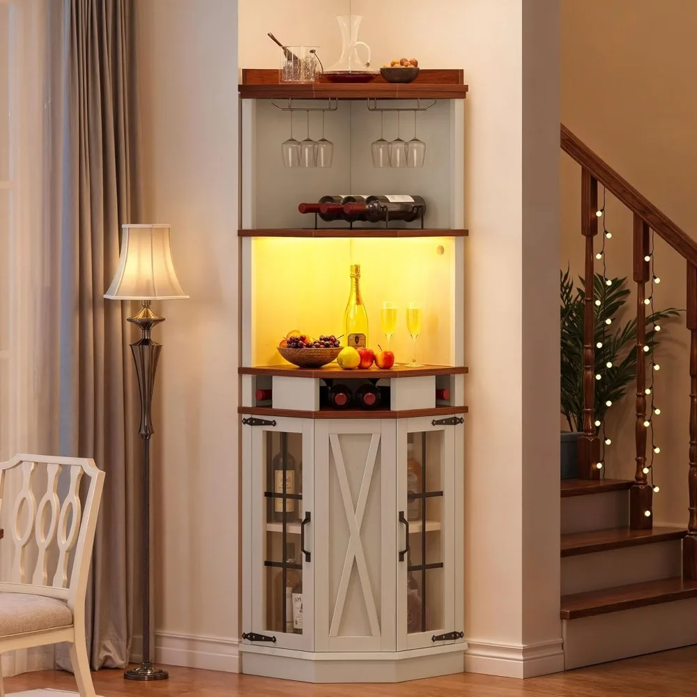 

72" Tall Corner Bar Cabinet with LED Lights Glass Door Farmhouse Style 6-Tier Alcohol Storage with Wine Glass Holder