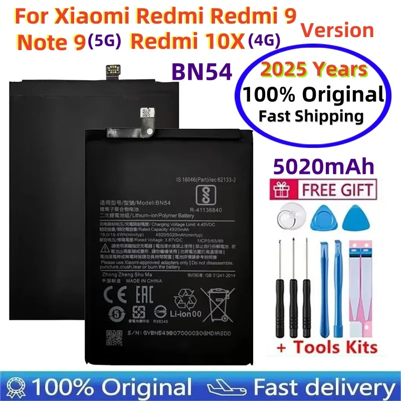 

Fast Shipping 2025Years BN54 Original Battery For Xiaomi Redmi Note 9 5G Note9 / Redmi 9 / Redmi 10X 4G Phone Bateria Batteries