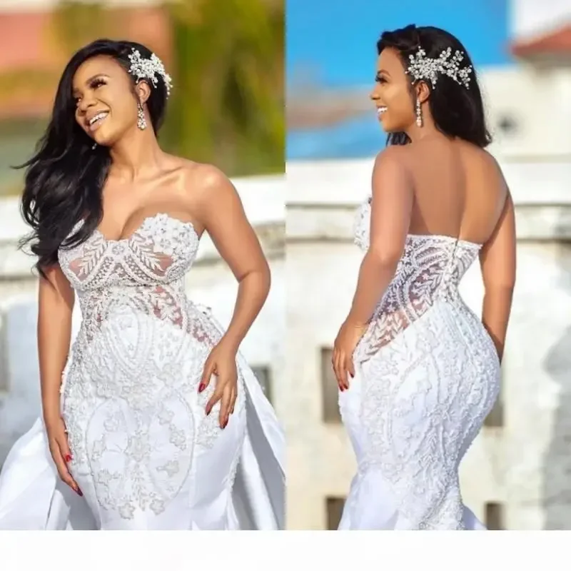 

Customized Plus Size Custom Detachable Skirts Sweetheart Castle Mermaid Wedding Gowns Appliqued Satin Country Bridal Dress
