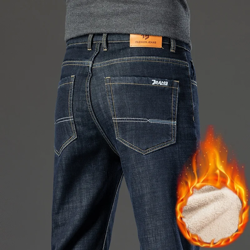 Winter Warm Fleece Jeans Men High Waist Stretch Wool Lining Casual Denim Pants Fashionable Business Straight Thick Hot Trousers