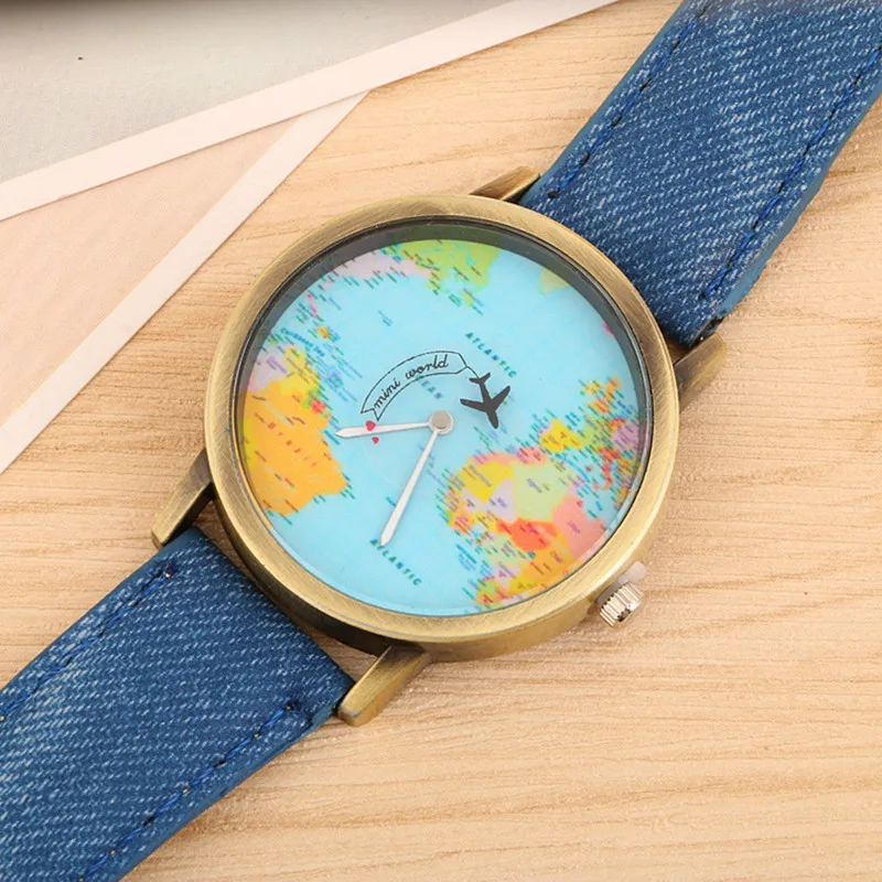 Fashion Quartz Watch Men Unisex Map Airplane Travel Around The World Women Leather Dress Hot Sale Mini World  Watch for Women