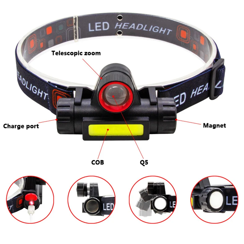 Q5+COB Mini Led Zoomble Headlamp Usb Rechargeable Portable Headlight 18650 Built-in Battery Outdoor Fishing Camping Head Lantern