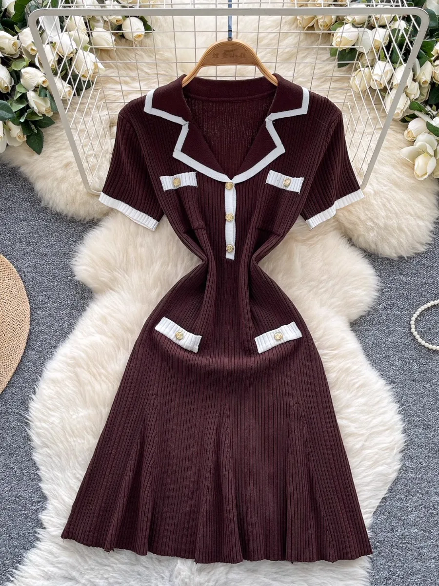 فستان Foamlina Chic ذو كتلة ألوان وياقة بيتر بان فستان بناتي بأكمام قصيرة وزر معدني وخصر مقصوص بقصة ضيقة فستان قصير على شكل حرف a