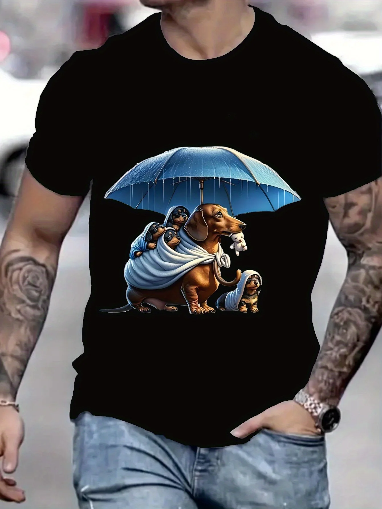 Funny Men's Black Graphic T-Shirt Dachshund Dog Umbrella Puppy Carrier Pet Family Illustration Print 100% Cotton Heavyweight Short Sleeve Casual Streetwear Tee