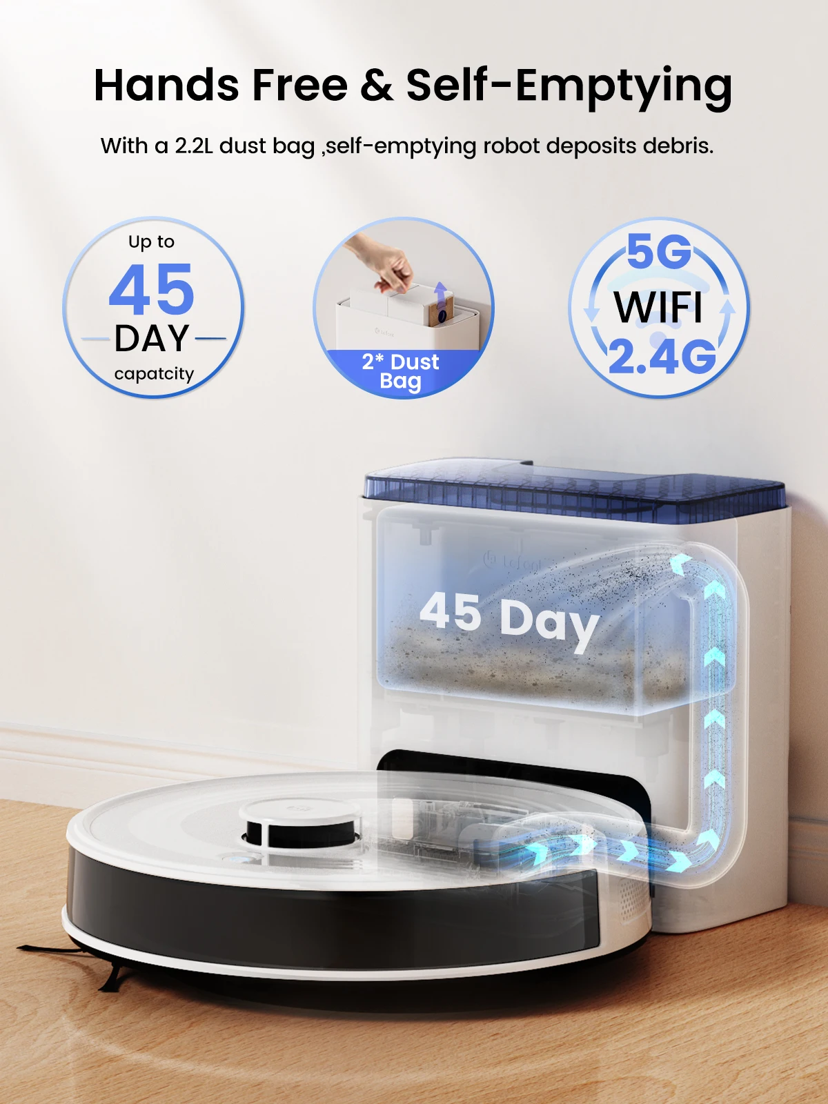 Robot aspirador LEFANT M2L Plus con mapeo, succión de 6000 Pa, estación de vaciado, lavado y secado automáticos, láser DTOF