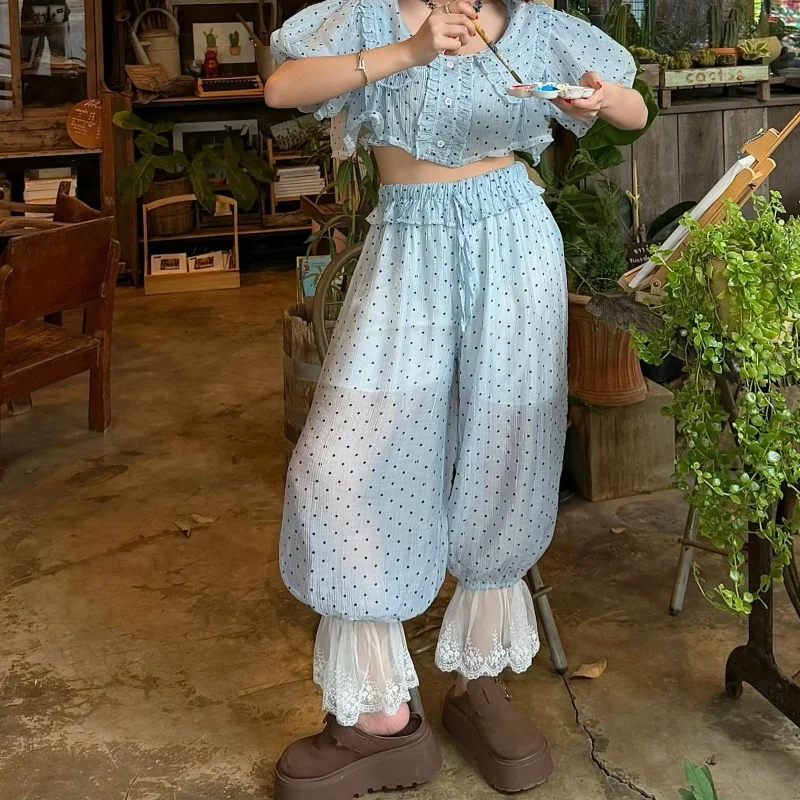 Vintage Polka Dot Wide Leg Pants Women Lace Hem Mesh Stitching Trousers Female Y2K Sweet Loose Flare Pant Streetwear