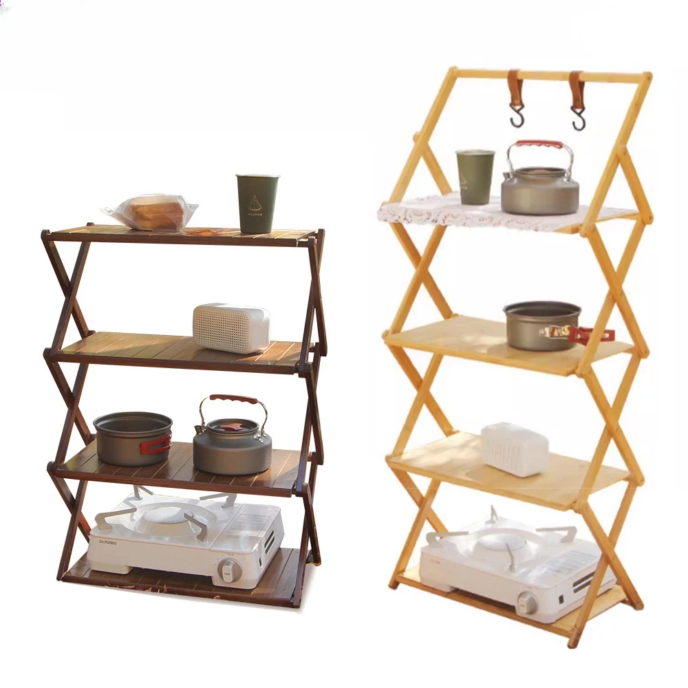 Outdoor Folding Bamboo Wood Storage Shelf Camping Picnic Multi-Layer Portable Tableware Storage Rack Multi-Functional Table