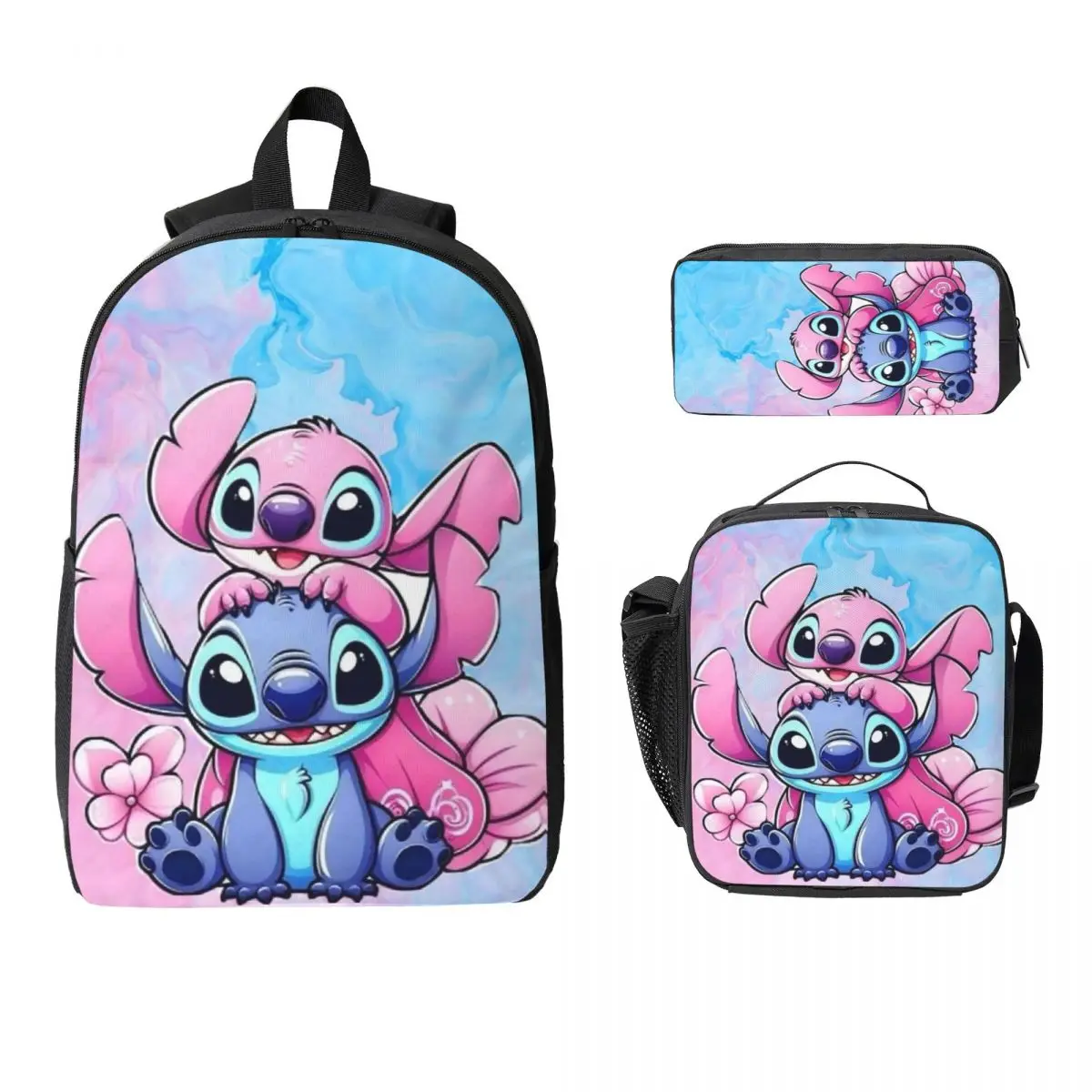 

Stitch And Angel Cartoon Backpack Student Boys Girls BookBag School Bag Shoulder Bags 3ps Insulated Lunch Bag Pencil Case