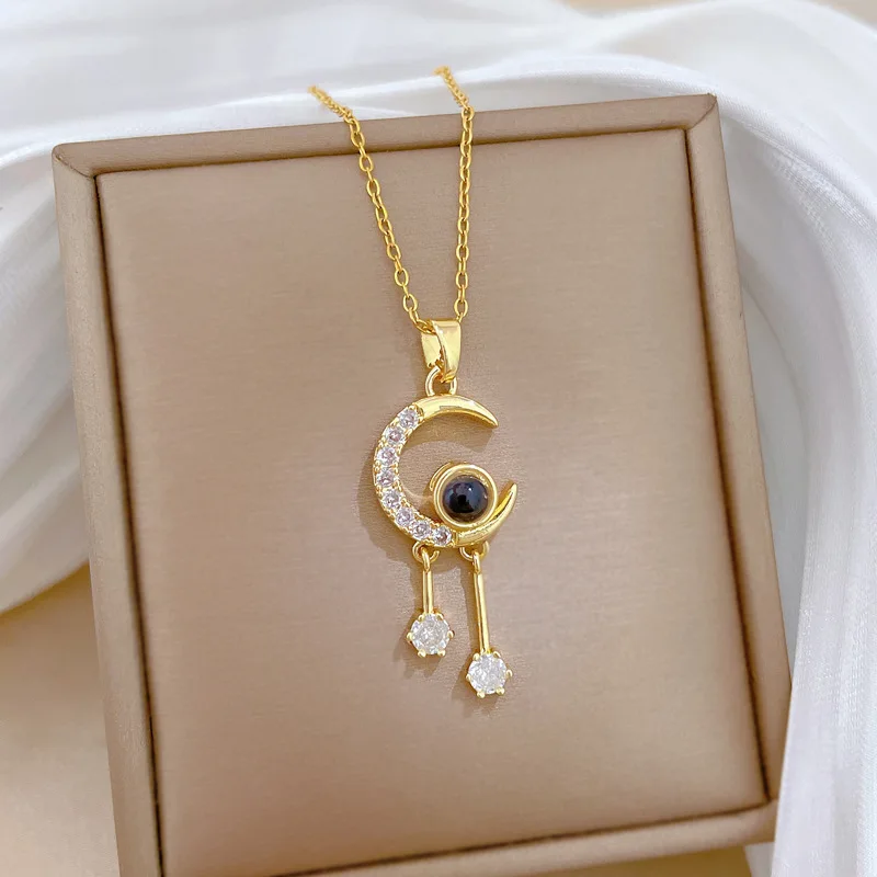 Diamond-Encrusted Tassel Moon Projection Necklace for Women Luxury Fashion Elegant I Love You in 100 Languages Stainless Steel
