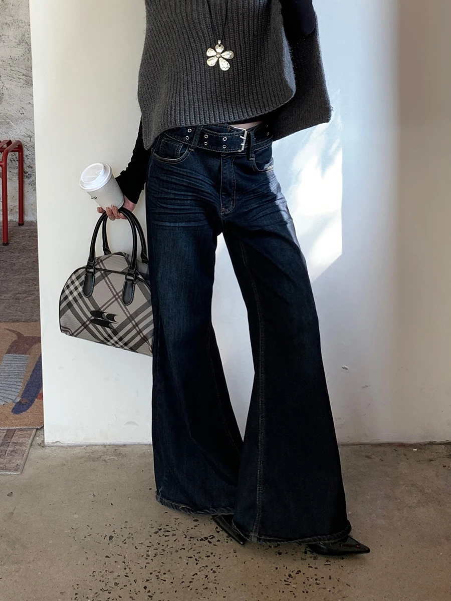 Modne luźne jeansy z szerokimi nogawkami, niebieskie, z wysokim stanem, damskie, jesienno-zimowe, nowe, modne spodnie typu flare marki G Sle