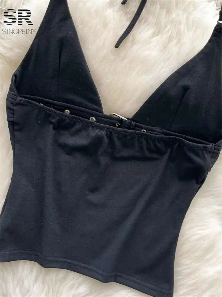 

BabYoung Summer Halter Camis Women Lace Up Design Sleeveless Camisole Slim Hot Metal Buckle Basics Streetwear Fashion Sexy Tops