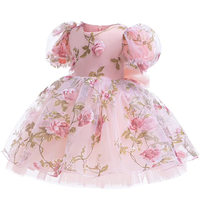 Girls 3D Rose Bubble Sleeves Princess Dress New Children\'s Fashion Lace Dress Carnival Birthday Party Performance Clothing