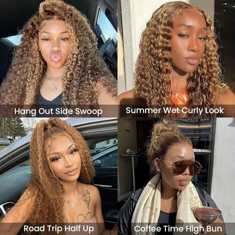Full Lace Curly Human Hair Wig 360 Invisi Strap Highlight Wig 13x6 Deep Water Wave Frontal Wig for Women 220 Density image 3