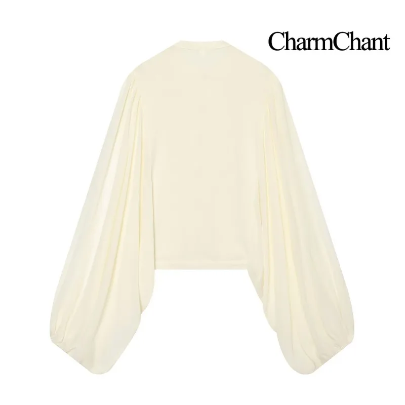 CHARMCHANT Women's Gold Embroidery Blouse Lantern Long Sleeve Stand Collar Button Front Shirt Elegant Party Casual 2026 Autumn