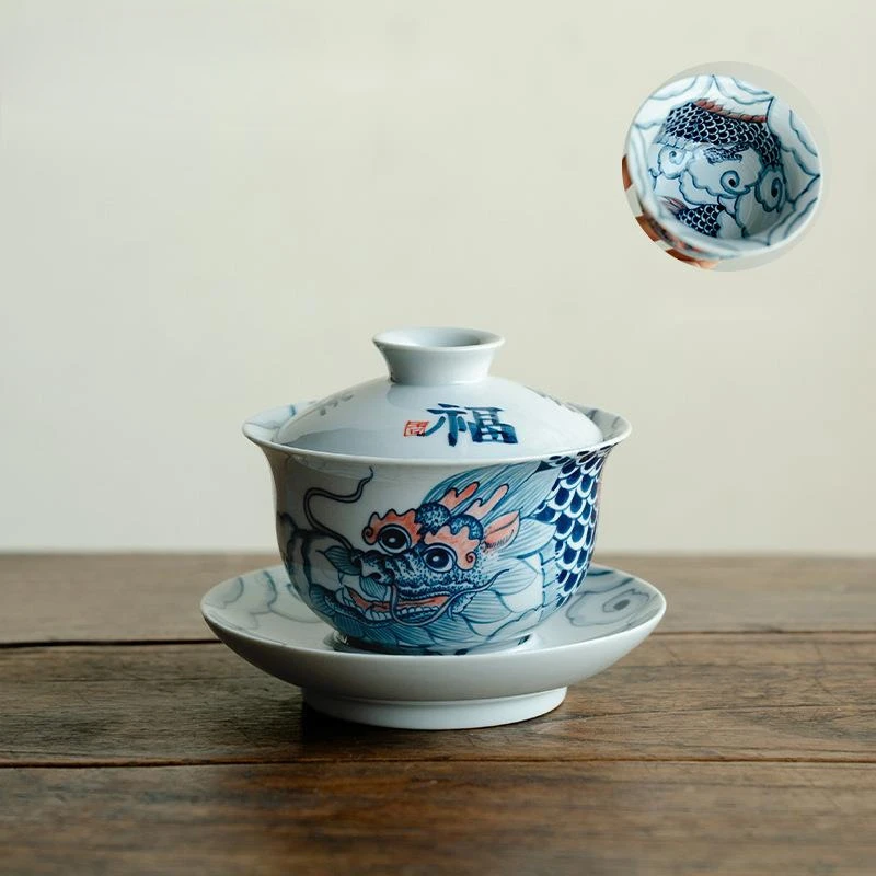 

Чистый ручная роспись чернила дракон чай Tureen эстетика нафу синий и белый чай чайник Gaiwan домашний заварник Tefree декорация 200 мл