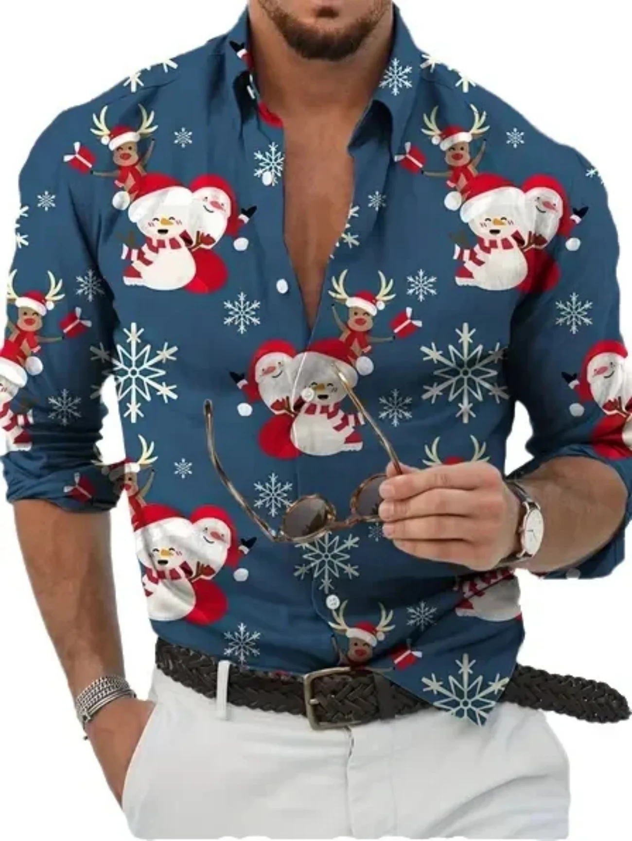 Christmas Style Men's Stylish Long Sleeve Shirt Breathable Red Tops Christmas Themed Pattern Full Sleeve Shirts Turn-Down Collar