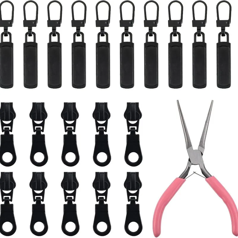 

Универсальный набор для ремонта молний: сменные бегунки и ручки-застежки с инструментом для установки (плоскогубцами) для ремонта одежды и сумок