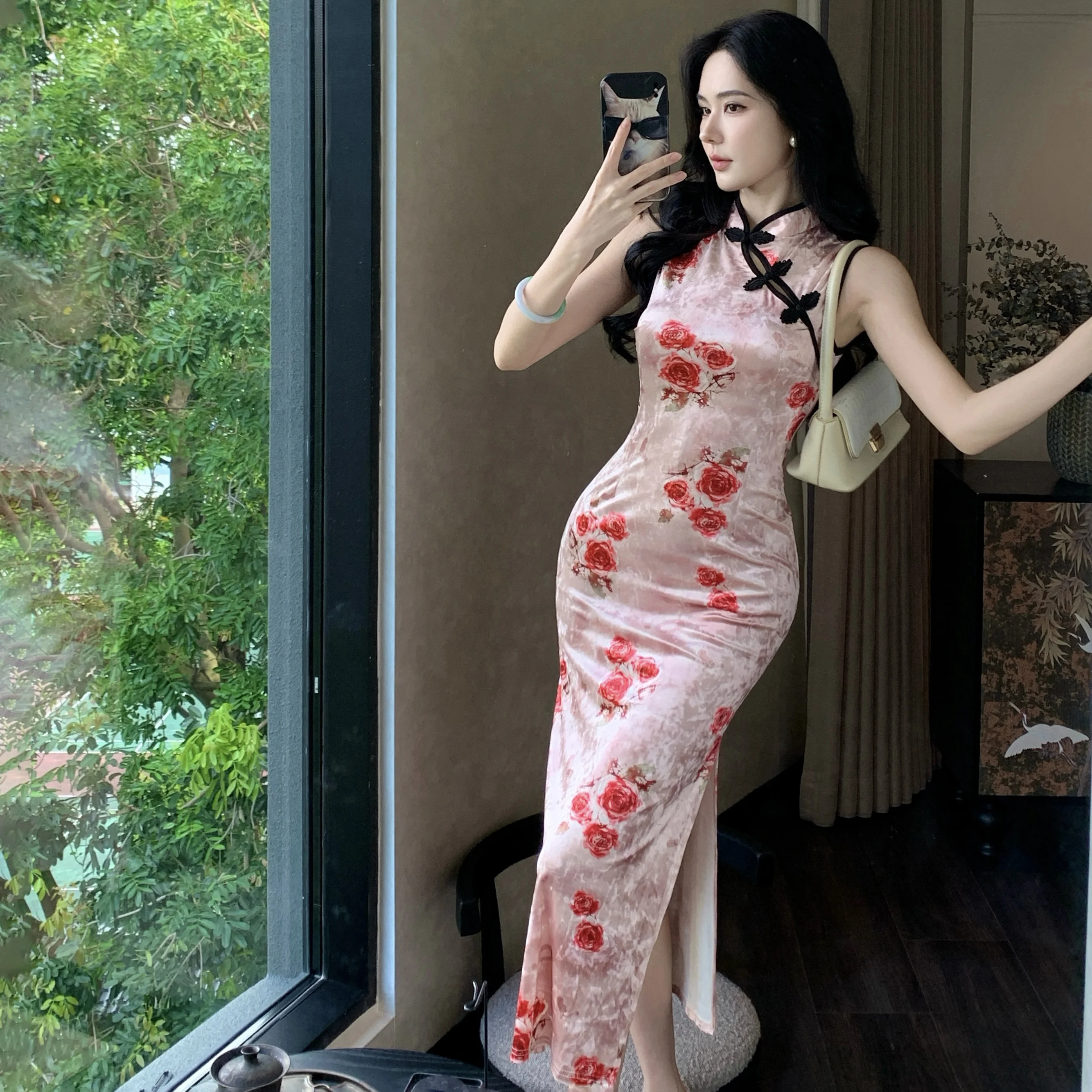New Chinese Sle Velvet Print Svel Double Slit Bodycon Dr Long Evening Gown High Waist Flag Robe for Young Girls