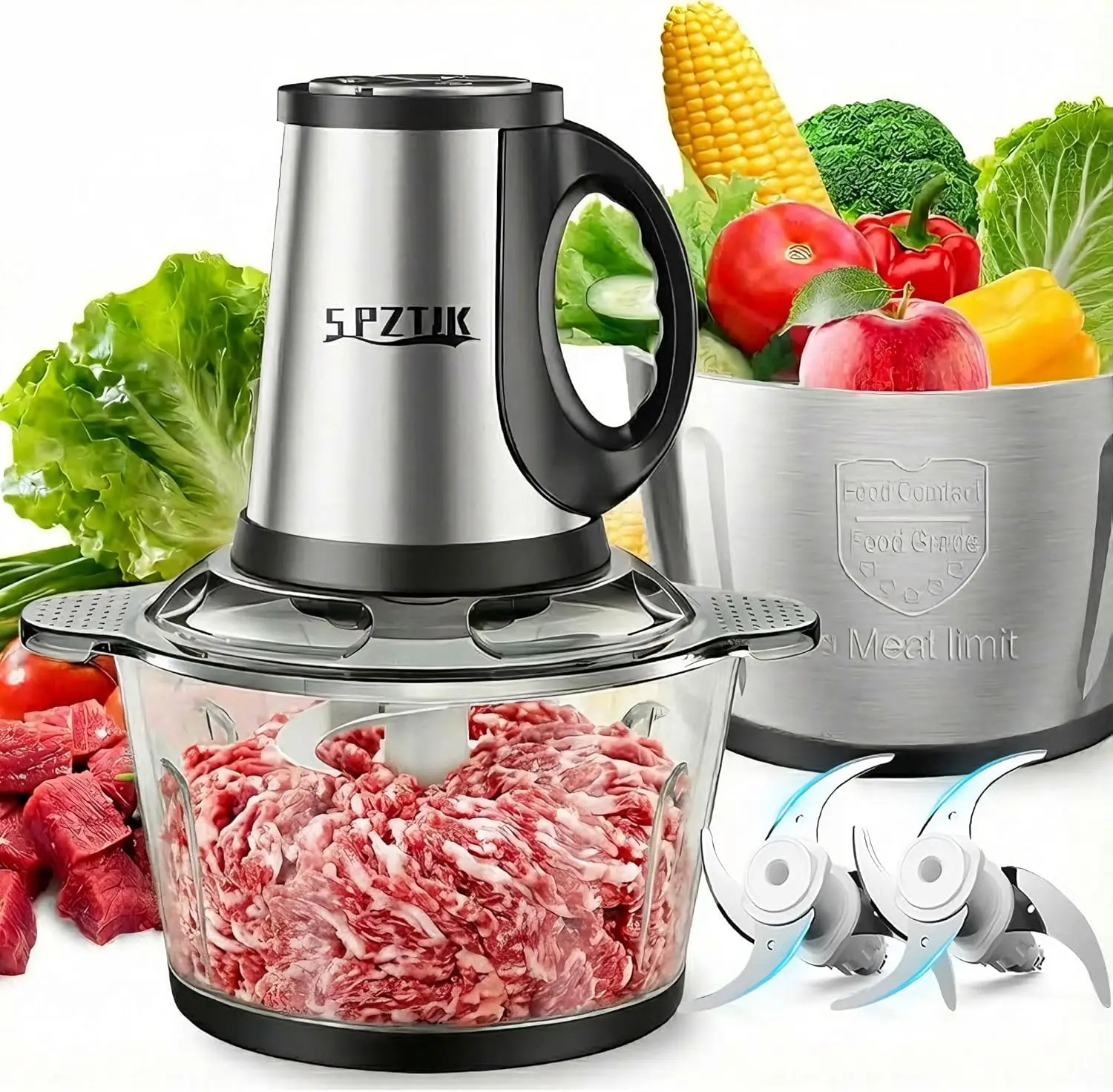

3-Speed Electric Food Processor: Meat Grinder, Vegetable Chopper, Baby Food Maker - 300W, 2 Bowls (Stainless Steel 8-Cup + Glass