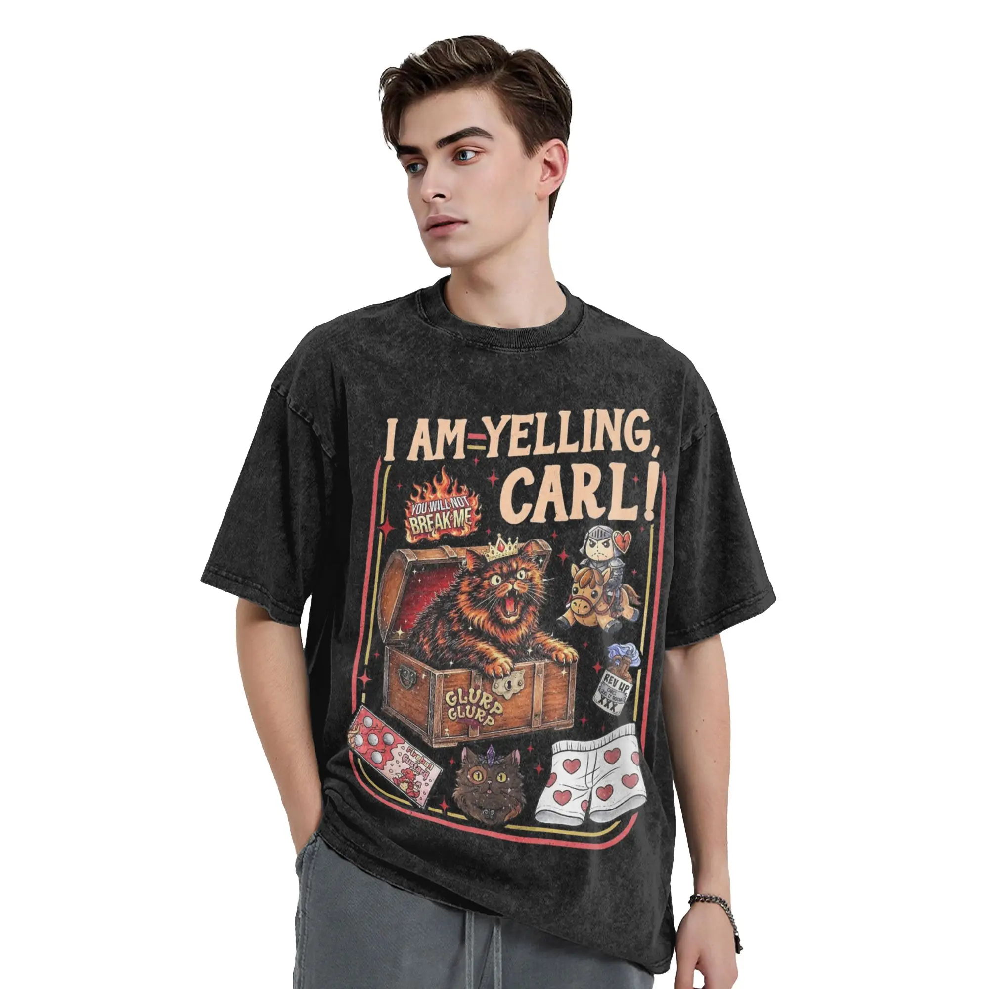 Washed T Shirts I Am Yelling Carl Funny Donut Cat Dungeon Crawler Carl Hip Hop Fashion T-Shirts Oversize  Streetwear Tees Men