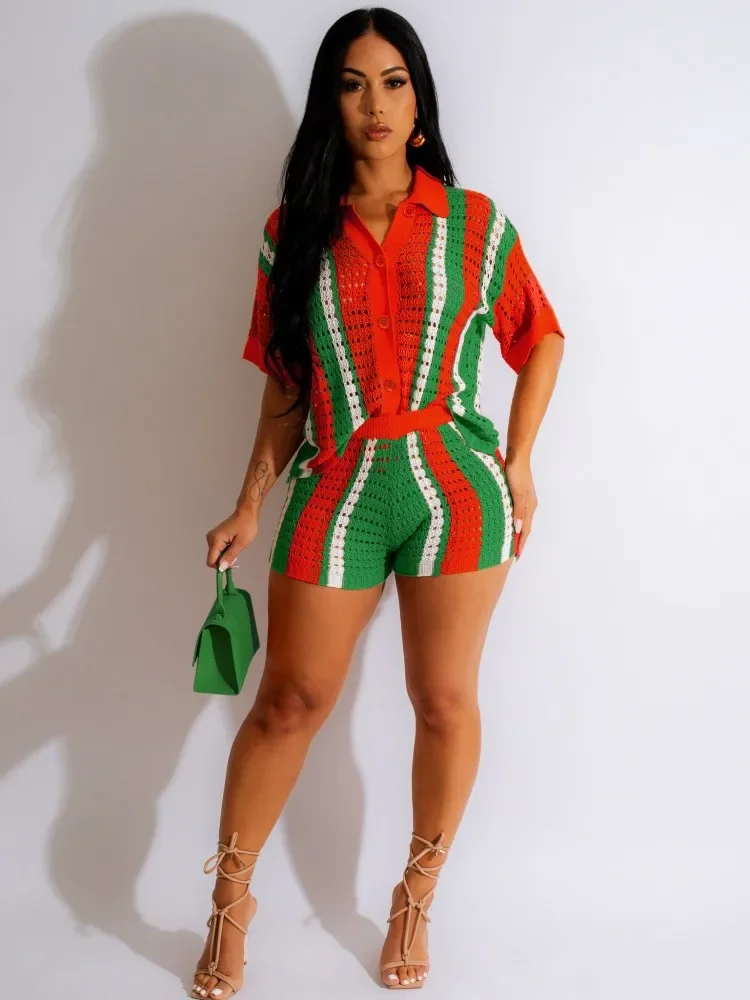 

Sexy Women Shorts Sets Knitted Two Pieces Sets Turn Down Collar Short Sleeves Top Pants Cover Ups Hollow Out Beach Pants Set