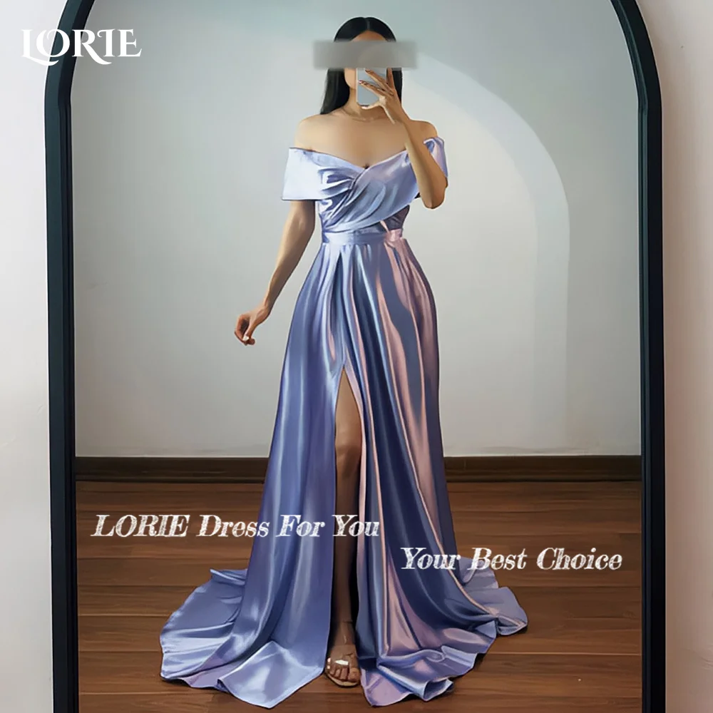 LORIE High Slit A-line Evening Dresses Off Shoulder Shiny Satin Backless Prom Dress Arabia Elegant Dubai Party Gowns Customized