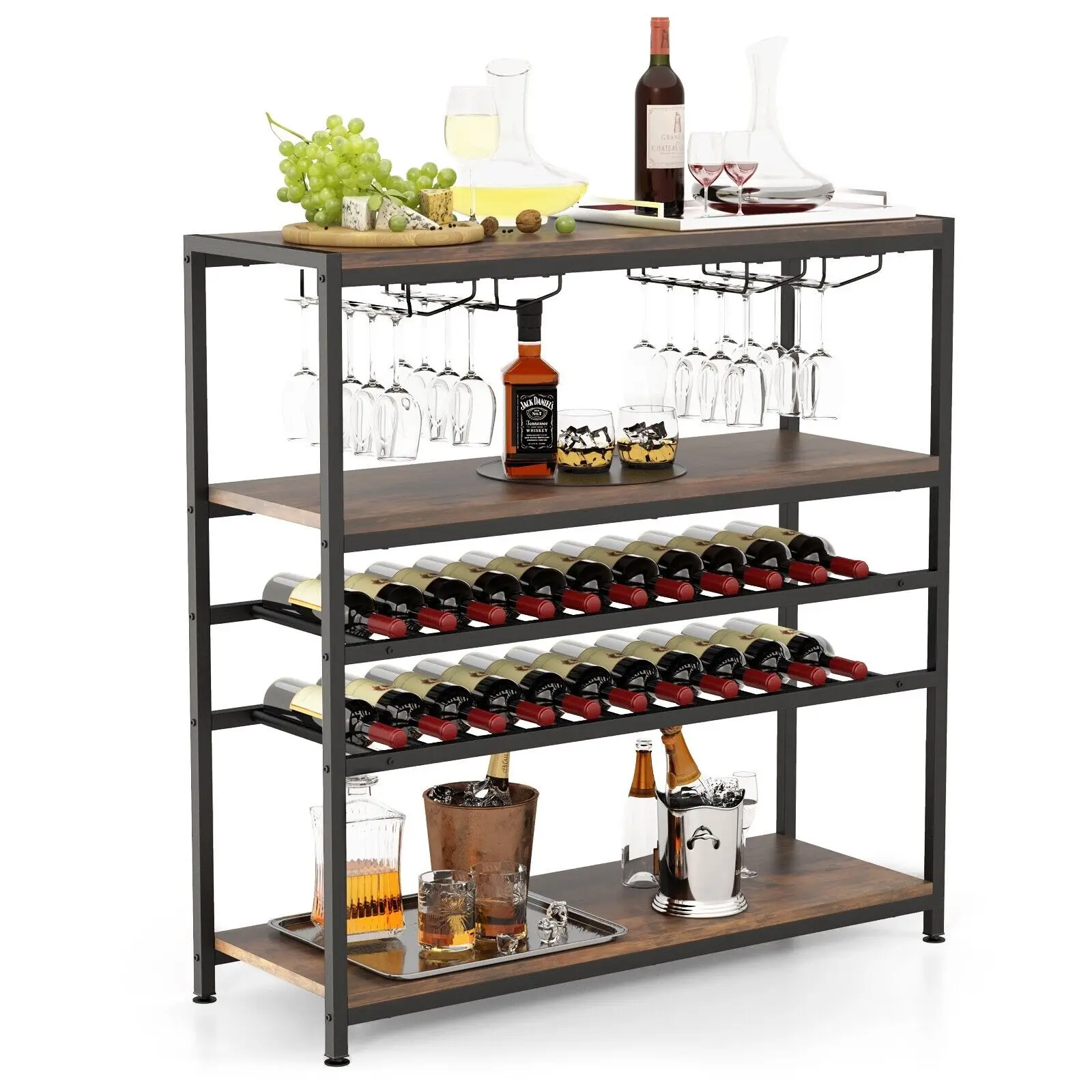 GOFLAME 5-tier Wine Rack Table Freestanding Bar Wine Racks With 4 Rows of Glass Holders