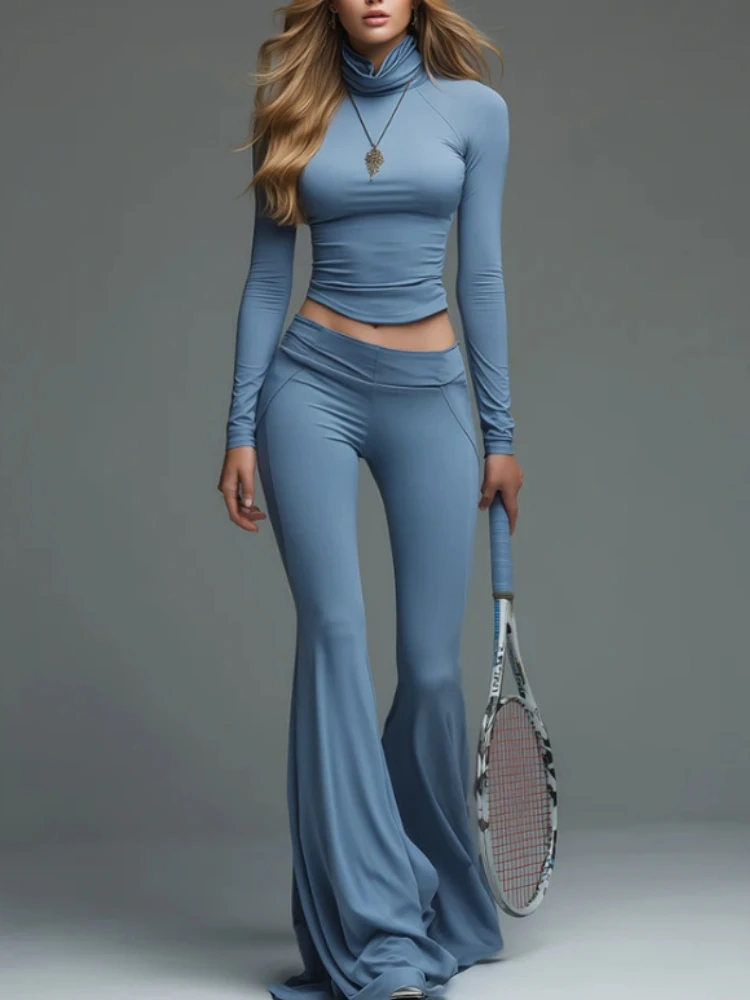 

Повседневная одежда из двух предметов для тренировок, водолазка с длинными рукавами, узкие топы, расклешенные брюки с высокой талией, спортивные костюмы, брюки, уличная одежда